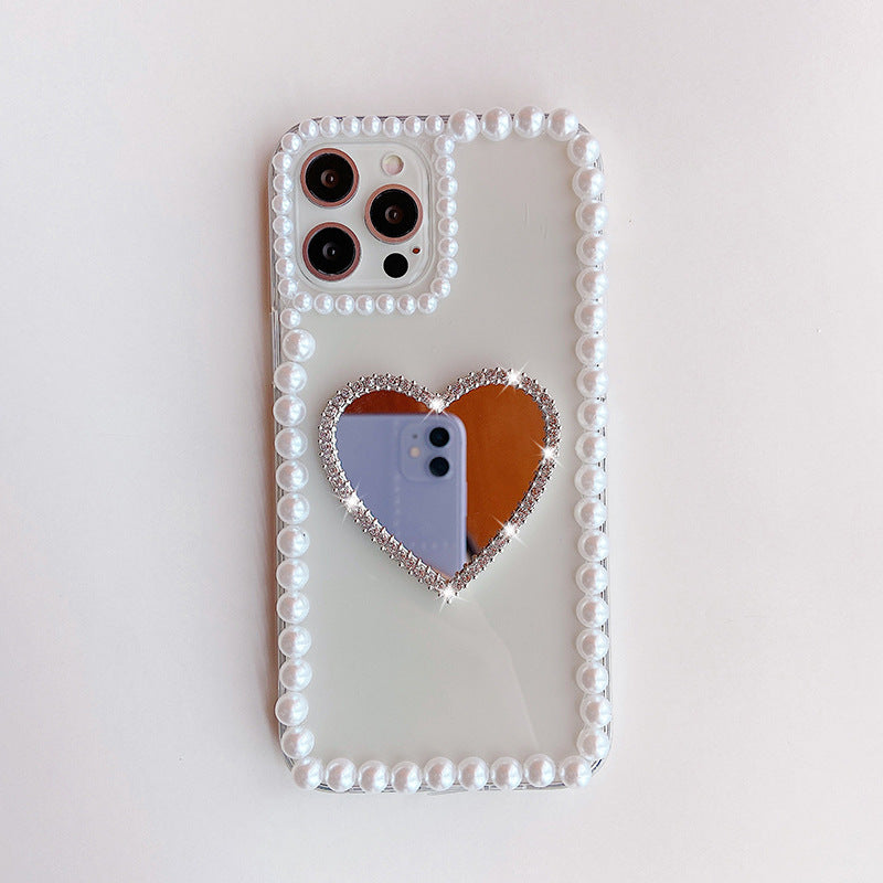 Acrylic Pearl Heart Mirror Rhinestone Mobile Phone Shell