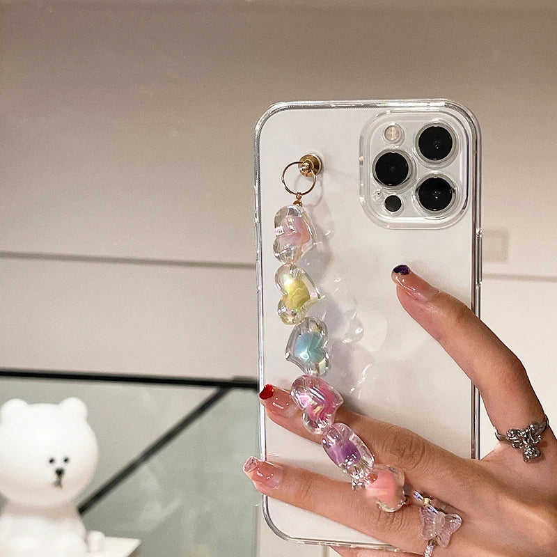 Korea Cute Love heart Bracelet wrist chain case for iphone 13 12 14 Pro Max MiNi 11 XR X XS 7 8 plus 6S SE3 Clear soft Cover