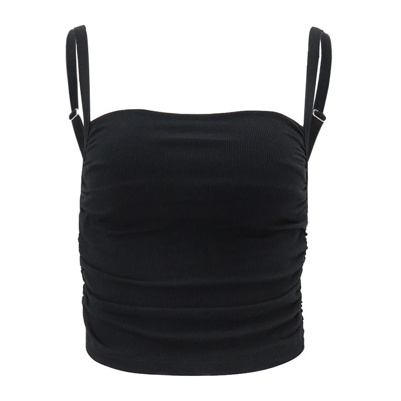 Xeemilo Spaghetti Straps Ruched Tank Top Casual All-matching Low-cut Backless Crop Tops 2023 Simple Underwear Bodycon Corsets