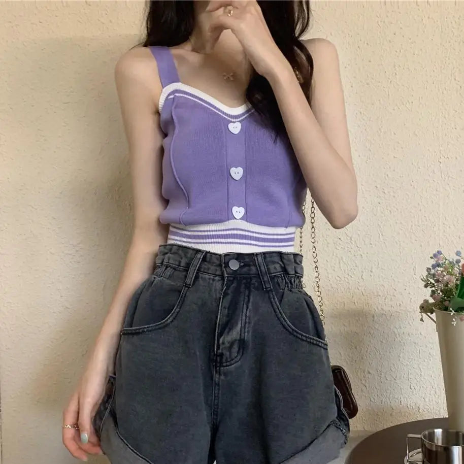 Tank Tops Women Summer Fashion 2023 Y2K Cute Korean Knitted Love Button Tight Casual Vest Blue Crop Top Green Camisole Female