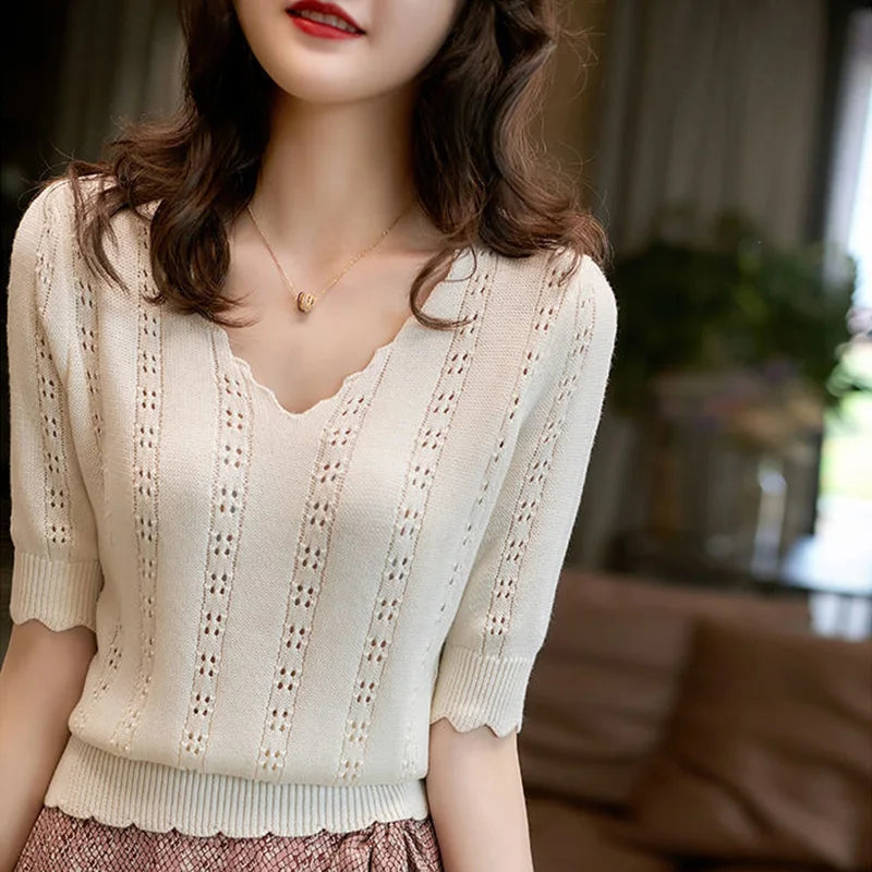 Fashion V-Neck Knitted Solid Color Ruffles Hollow Out T-Shirt Women Clothing 2023 Summer New Casual Pullovers Commute Tee Shirt