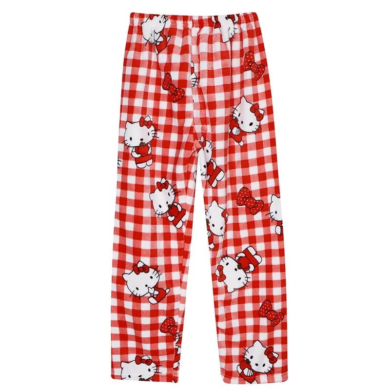 Sanrio Hello Kitty Plush Pajama Pants Anime Kt Cat Coral Fleece Soft Trousers Women Casual Home Trousers Kawaii Birthday Gift