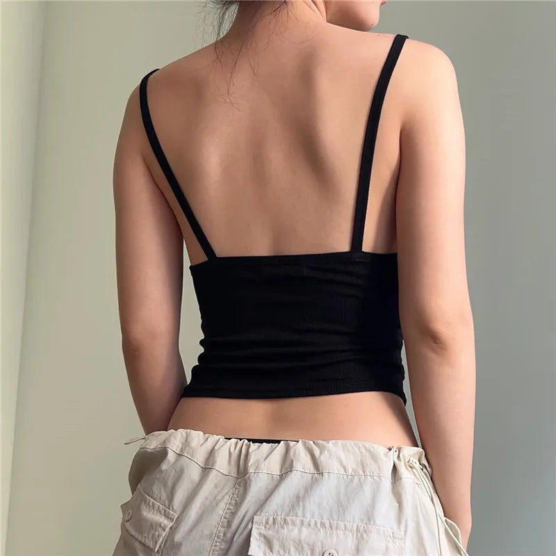 Xeemilo Spaghetti Straps Ruched Tank Top Casual All-matching Low-cut Backless Crop Tops 2023 Simple Underwear Bodycon Corsets