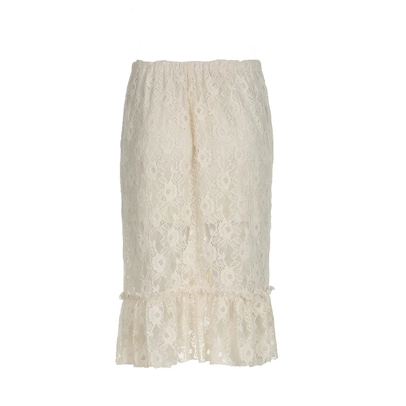 CIBBAR Fairycore Lace Transparent Skirt y2k Vintage Drawstring Bandage Low Rise Midi Skirts Women 2000s Harajuku Ladies Clothing