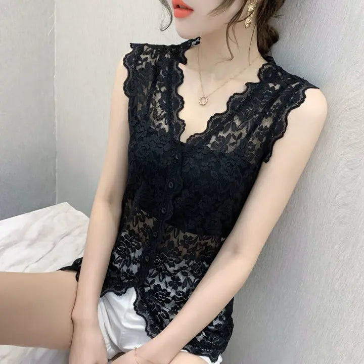 V-neck Lace Camisole Women's Summer New Sexy Inner Wear Hollow Bottoming Shirt Sleeveless Mesh Top Outerwear Tank Top