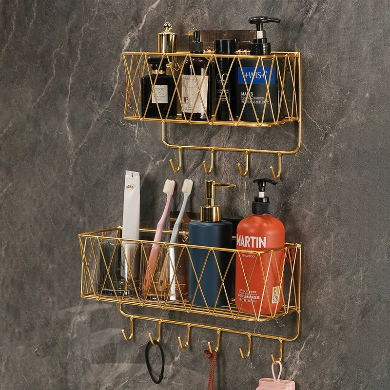 Wall-Mounted Bathroom Shelf No Punching Iron Toiletries Storage Rack with Hook for Shampoo Shower Gel Organizer Rustproof Shelf