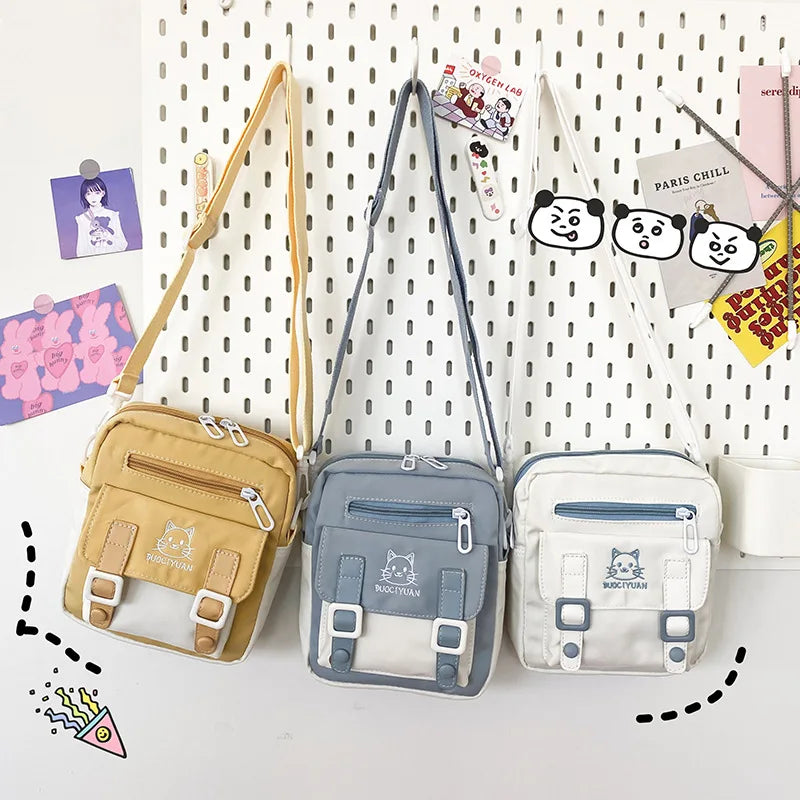 Kawaii Cartoon Cat Embroidery Bag For Women New 2023 Student Small Crossbody Bag Nylon Messenger Bag Phone Bag and Purse Bolso