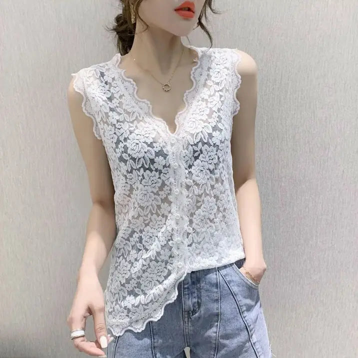 V-neck Lace Camisole Women's Summer New Sexy Inner Wear Hollow Bottoming Shirt Sleeveless Mesh Top Outerwear Tank Top