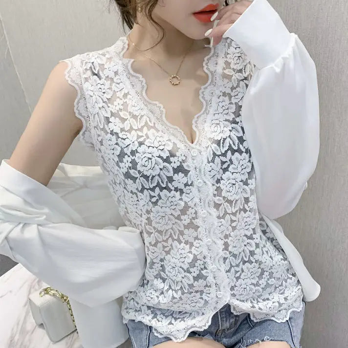 V-neck Lace Camisole Women's Summer New Sexy Inner Wear Hollow Bottoming Shirt Sleeveless Mesh Top Outerwear Tank Top