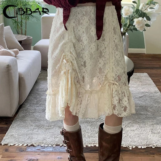 CIBBAR Fairycore Lace Transparent Skirt y2k Vintage Drawstring Bandage Low Rise Midi Skirts Women 2000s Harajuku Ladies Clothing