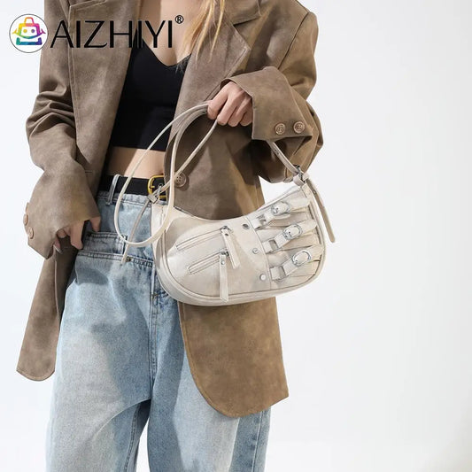 Women Stylish Armpit Bag Large Capacity Y2K Half Moon Bag Retro Crossbody Bag Solid Color PU Trendy Messenger Bag Chic Hobo Bag