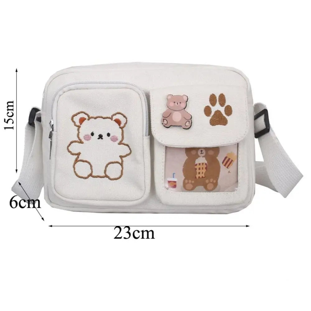 Cute Bear Canvas Small Bag Funny Embroidery Japanse Style Women Shoulder Bags Small Square Bag Transparent Messenger Bag