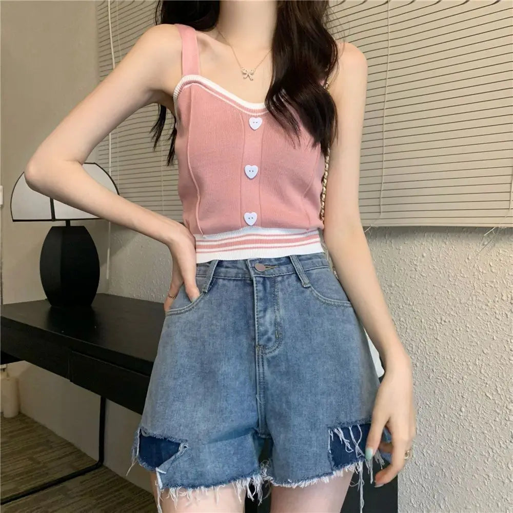 Tank Tops Women Summer Fashion 2023 Y2K Cute Korean Knitted Love Button Tight Casual Vest Blue Crop Top Green Camisole Female