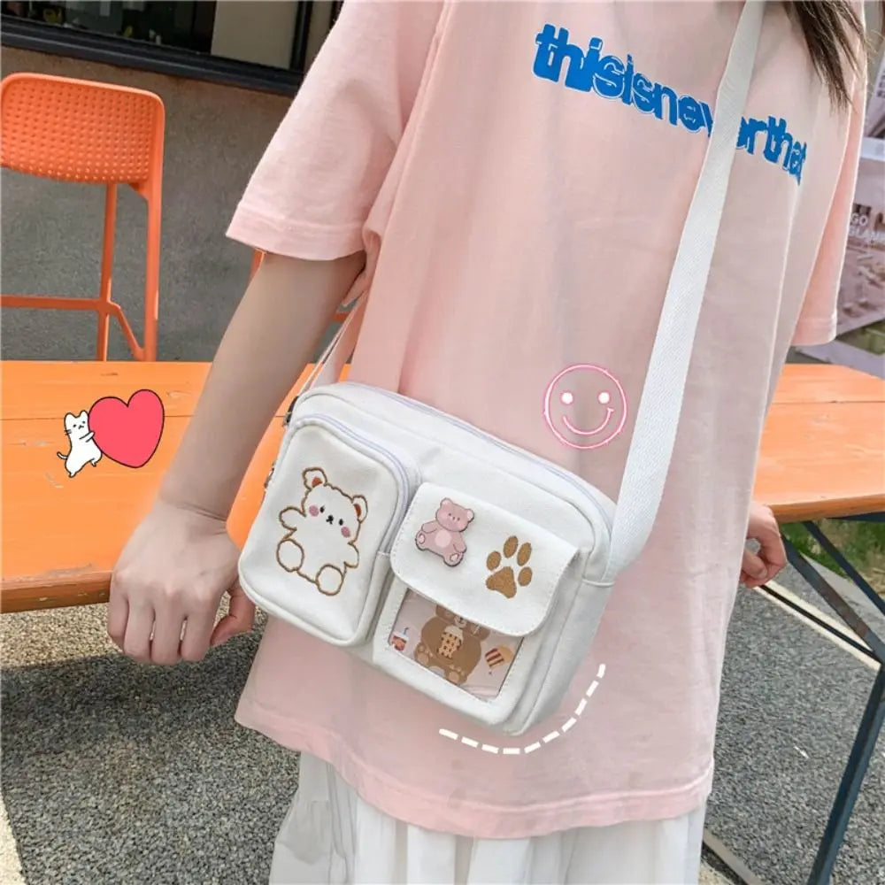 Cute Bear Canvas Small Bag Funny Embroidery Japanse Style Women Shoulder Bags Small Square Bag Transparent Messenger Bag