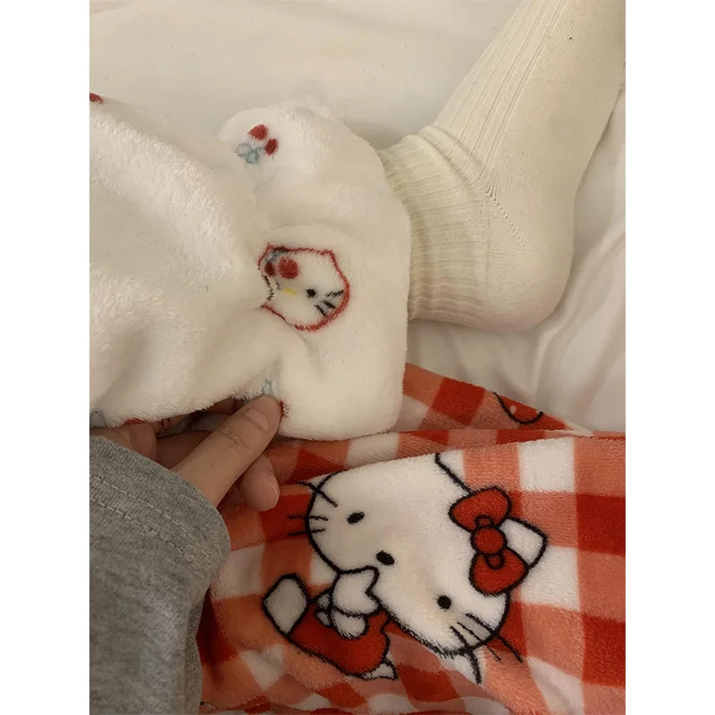 Sanrio Hello Kitty Plush Pajama Pants Anime Kt Cat Coral Fleece Soft Trousers Women Casual Home Trousers Kawaii Birthday Gift