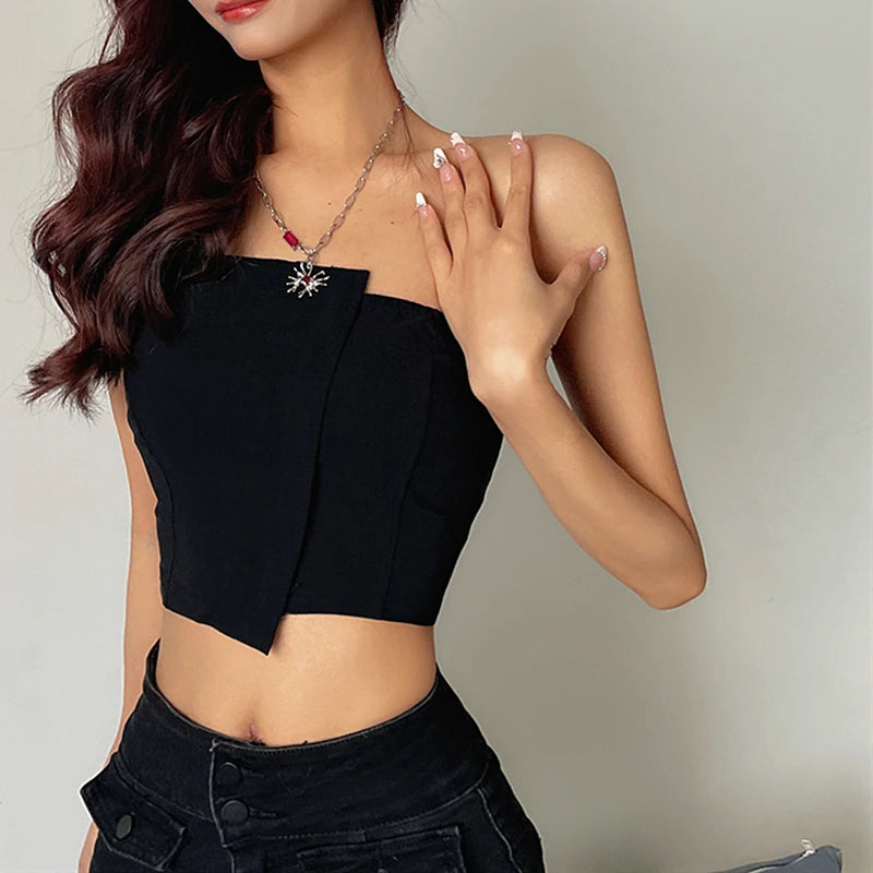 WhereMery Y2K Sexy Irregular Strapless Tank Top Women Backless Sleeveless Zipper Tube Tops Gothic Summer Off Shoulder Lady Vest