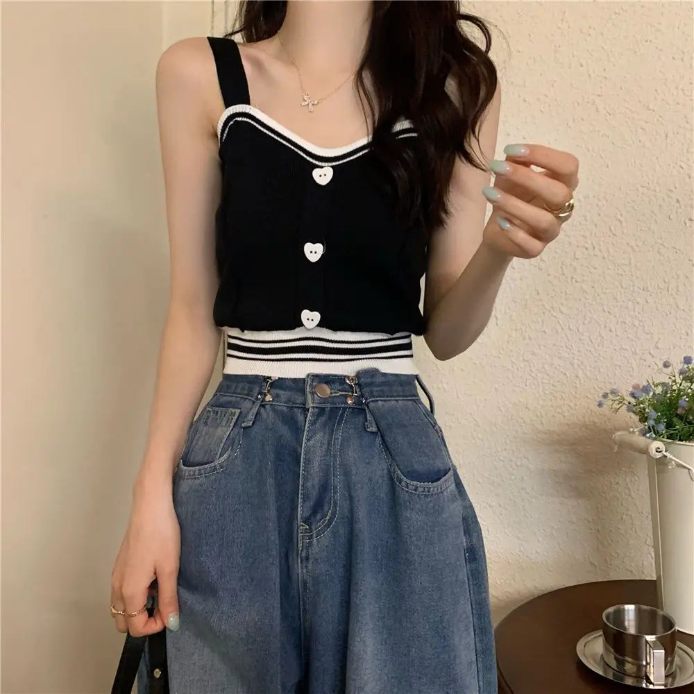 Tank Tops Women Summer Fashion 2023 Y2K Cute Korean Knitted Love Button Tight Casual Vest Blue Crop Top Green Camisole Female