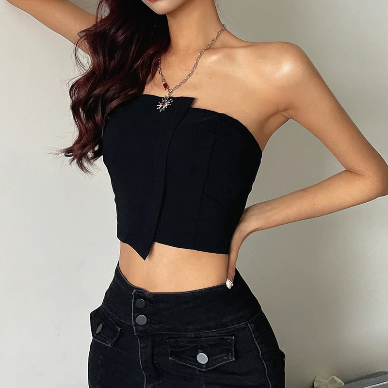 WhereMery Y2K Sexy Irregular Strapless Tank Top Women Backless Sleeveless Zipper Tube Tops Gothic Summer Off Shoulder Lady Vest