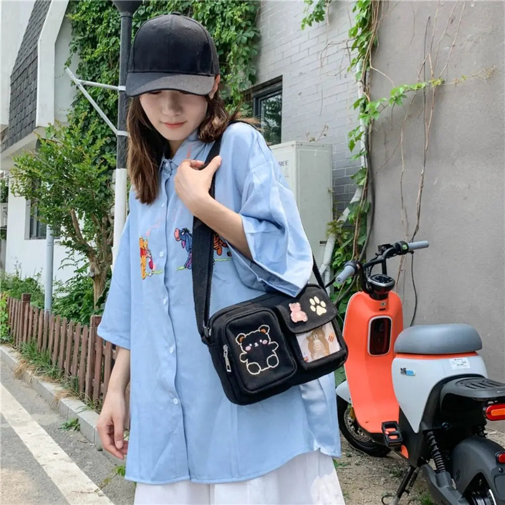 Cute Bear Canvas Small Bag Funny Embroidery Japanse Style Women Shoulder Bags Small Square Bag Transparent Messenger Bag