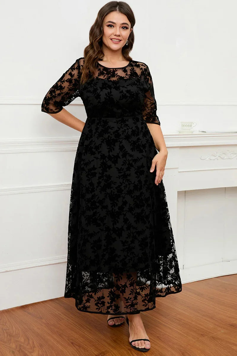 Plus Size Short Sleeve Maxi Dress Women Black Lace Flocking Mesh Velvet Double Layer Long Formal Dress Elegant Party Dress