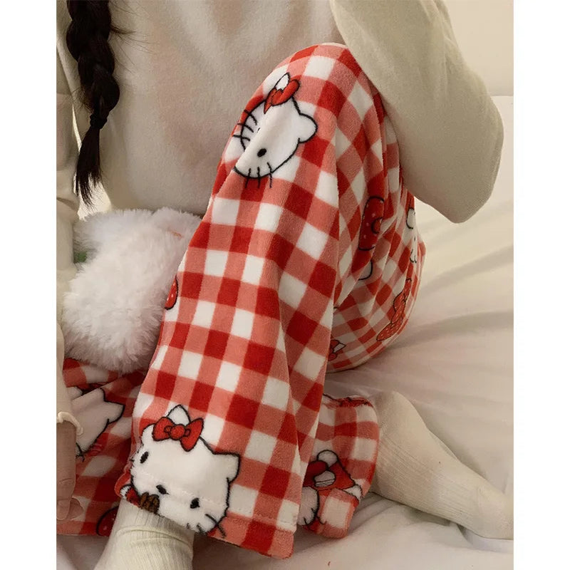 Sanrio Hello Kitty Plush Pajama Pants Anime Kt Cat Coral Fleece Soft Trousers Women Casual Home Trousers Kawaii Birthday Gift