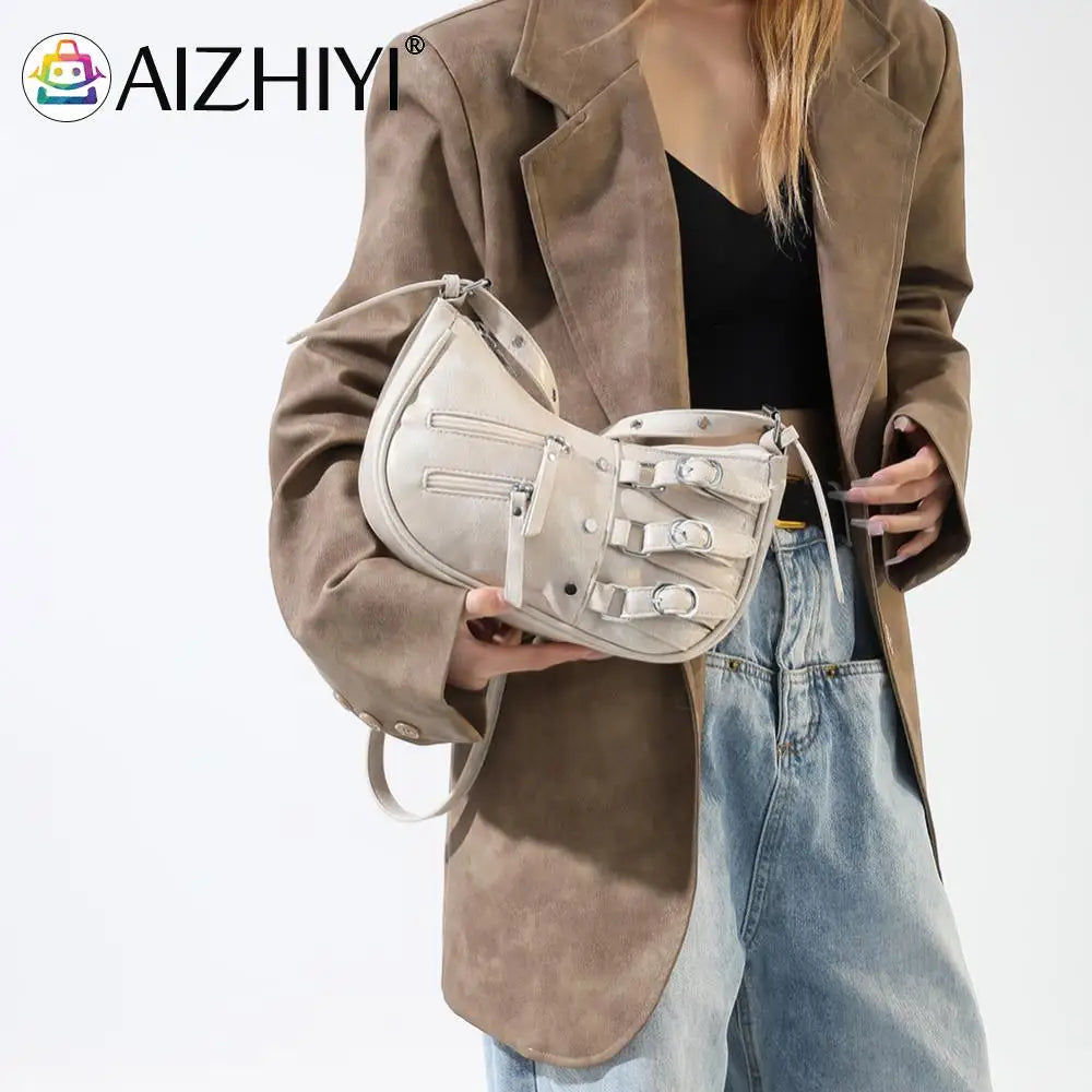 Women Stylish Armpit Bag Large Capacity Y2K Half Moon Bag Retro Crossbody Bag Solid Color PU Trendy Messenger Bag Chic Hobo Bag