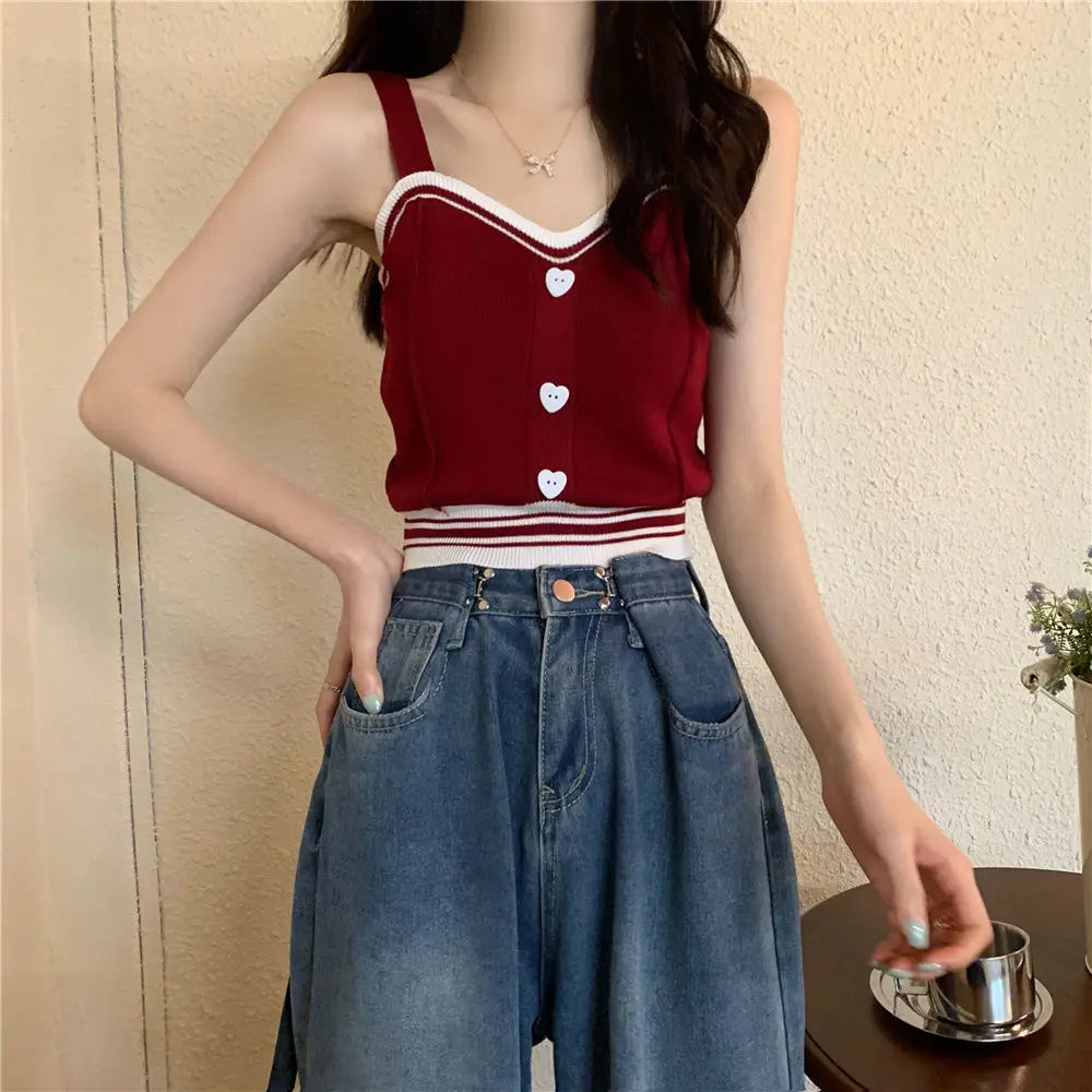 Tank Tops Women Summer Fashion 2023 Y2K Cute Korean Knitted Love Button Tight Casual Vest Blue Crop Top Green Camisole Female