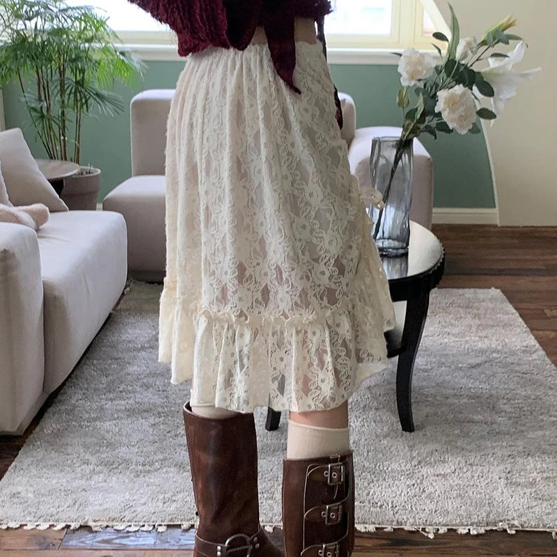CIBBAR Fairycore Lace Transparent Skirt y2k Vintage Drawstring Bandage Low Rise Midi Skirts Women 2000s Harajuku Ladies Clothing