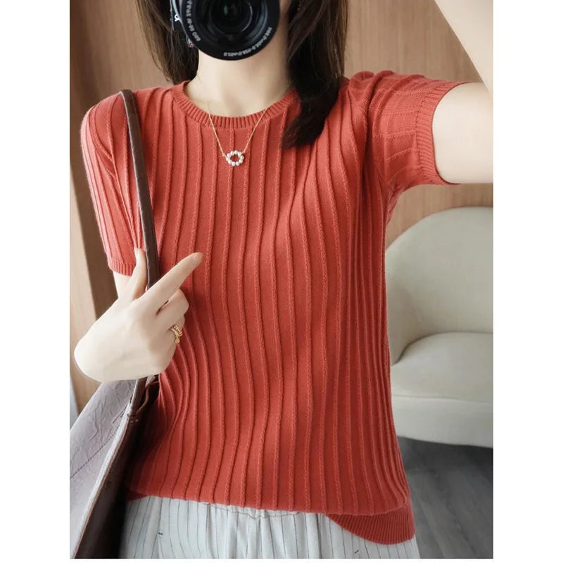 2023 New Summer Fashion Commuting Simple Round Neck Pit Knit Slim Fit Relaxed Solid Color Versatile Short Sleeve Women's T-shirt