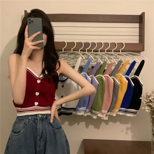 Tank Tops Women Summer Fashion 2023 Y2K Cute Korean Knitted Love Button Tight Casual Vest Blue Crop Top Green Camisole Female