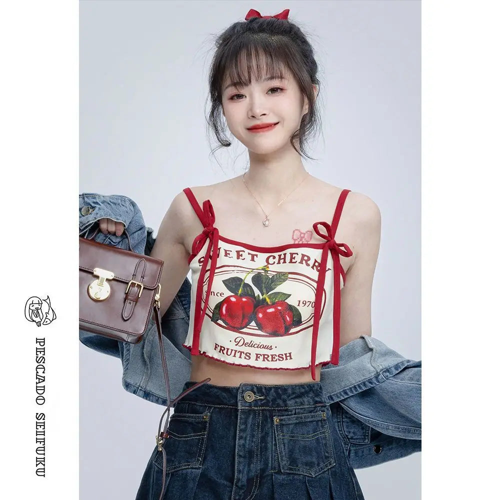 Coquette 90s Vintage Clothes Women Corset Top Bandage Cherry Short Sexys Kawaii Aesthetic Cropped Feminino Tanks & Camis Y2k Tee