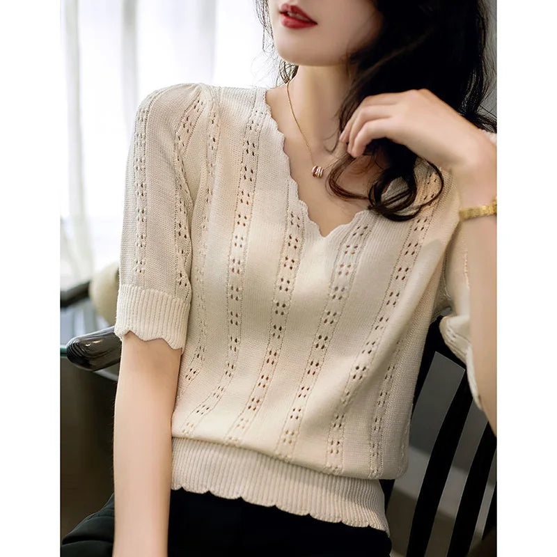 Fashion V-Neck Knitted Solid Color Ruffles Hollow Out T-Shirt Women Clothing 2023 Summer New Casual Pullovers Commute Tee Shirt