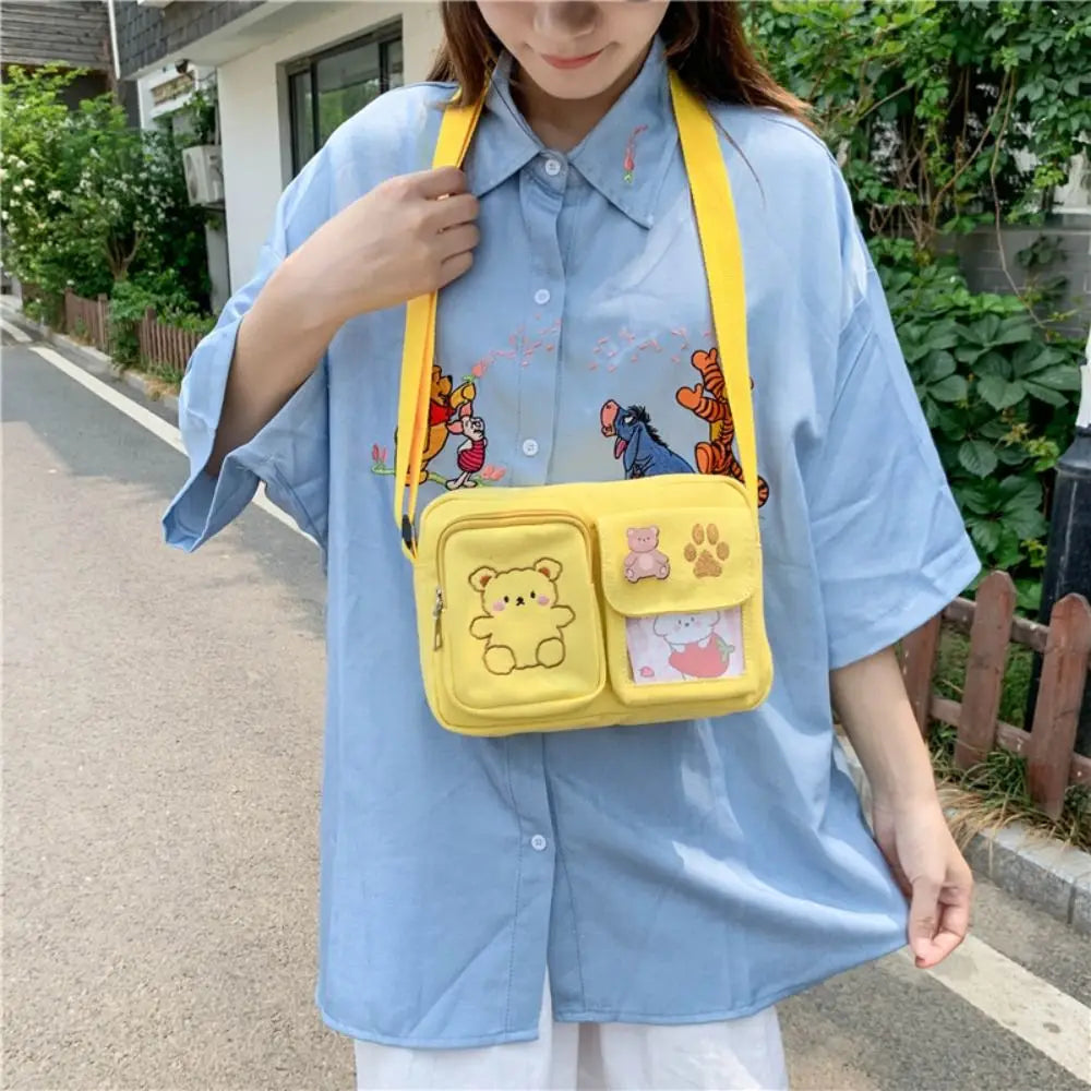 Cute Bear Canvas Small Bag Funny Embroidery Japanse Style Women Shoulder Bags Small Square Bag Transparent Messenger Bag