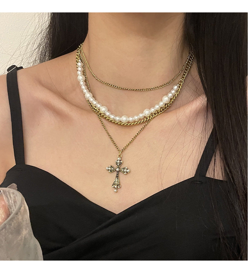 Fashion Personalized Multi-Layered Pearl Cross Pendant Necklace Clavicle Chain For Women Temperament Jewelry Accessories Gifts